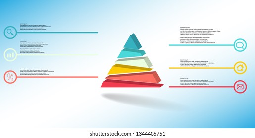 3D illustration infographic template. The embossed triangle is randomly divided to six color parts. Object is arranged on blue white background. Lines with signs in circles are on sides.