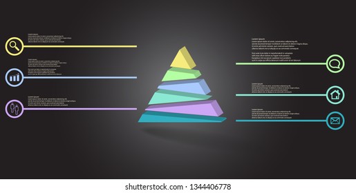 3D illustration infographic template. The embossed triangle is randomly divided to six color parts. Object is arranged on grey black background. Lines with signs in circles are on sides.