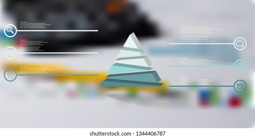 3D illustration infographic template. The embossed triangle is randomly divided to six color parts. Object is arranged on blurred photo background. Lines with signs in circles are on sides.