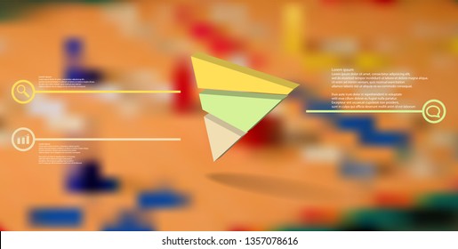 3D illustration infographic template. The embossed triangle is randomly divided to three color parts. Object is askew arranged on blurred photo background. Lines with signs in circles are on sides.