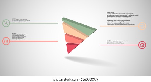 3D illustration infographic template. The embossed triangle is randomly divided to four color parts. Object is askew arranged on grey white background. Lines with signs in circles are on sides.