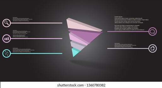 3D illustration infographic template. The embossed triangle is randomly divided to five color parts. Object is askew arranged on grey black background. Lines with signs in circles are on sides.