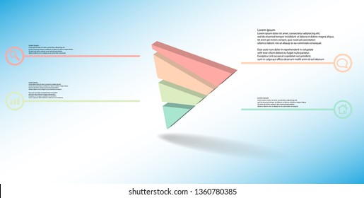 3D illustration infographic template. The embossed triangle is randomly divided to four color parts. Object is askew arranged on blue white background. Lines with signs in circles are on sides.