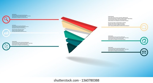 3D illustration infographic template. The embossed triangle is randomly divided to six color parts. Object is askew arranged on blue white background. Lines with signs in circles are on sides.