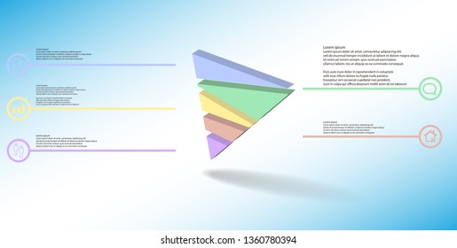 3D illustration infographic template. The embossed triangle is randomly divided to five color parts. Object is askew arranged on blue white background. Lines with signs in circles are on sides.