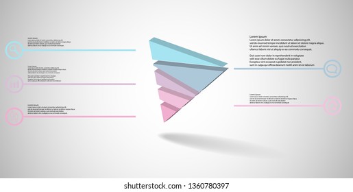 3D illustration infographic template. The embossed triangle is randomly divided to five color parts. Object is askew arranged on grey white background. Lines with signs in circles are on sides.