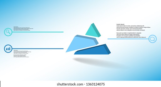 3D illustration infographic template. The embossed triangle is randomly divided to three shifted color parts. Object is arranged on blue white background. Lines with signs in circles are on sides.