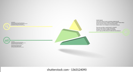 3D illustration infographic template. The embossed triangle is randomly divided to three shifted color parts. Object is arranged on grey white background. Lines with signs in circles are on sides.