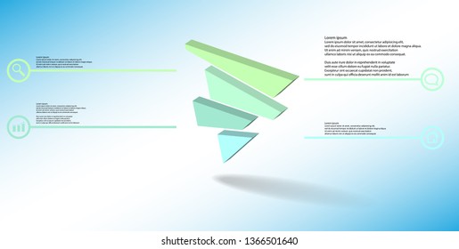 3D illustration infographic template. The embossed triangle is randomly divided to four color shifted parts. Object is askew arranged on blue white background. Lines with signs in circles are on sides