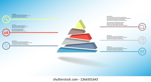 3D illustration infographic template. The embossed triangle is randomly divided to six color shifted parts. Object is arranged on blue white background. Lines with signs in circles are on sides.