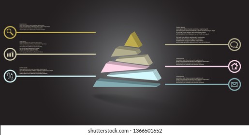 3D illustration infographic template. The embossed triangle is randomly divided to six color shifted parts. Object is arranged on grey black background. Lines with signs in circles are on sides.