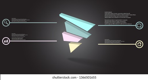 3D illustration infographic template. The embossed triangle is randomly divided to four color shifted parts. Object is askew arranged on grey black background. Lines with signs in circles are on sides