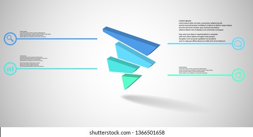 3D illustration infographic template. The embossed triangle is randomly divided to four color shifted parts. Object is askew arranged on grey white background. Lines with signs in circles are on sides