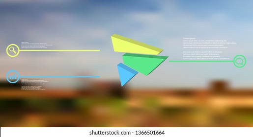 3D illustration infographic template. The embossed triangle is randomly divided to three color shifted parts. Object is askew arranged on blurred photo. Lines with signs in circles are on sides.