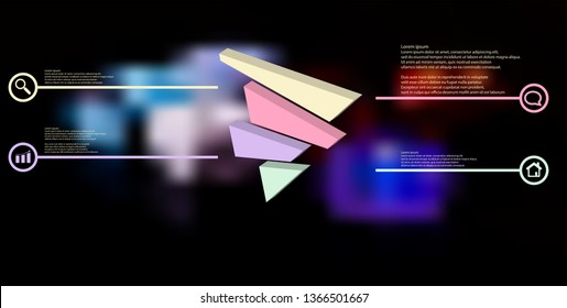 3D illustration infographic template. The embossed triangle is randomly divided to four color shifted parts. Object is askew arranged on blurred photo. Lines with signs in circles are on sides.