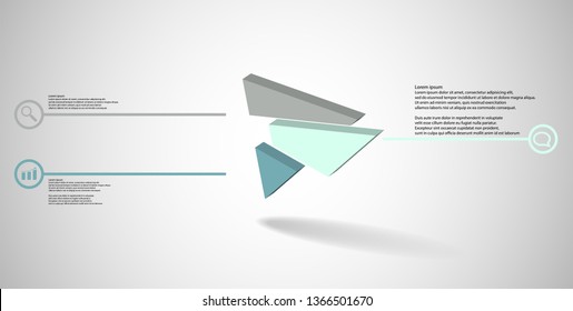 3D illustration infographic template. The embossed triangle is randomly divided to three color shifted parts. Object is askew arranged on grey white background. Lines with signs in circles are on side