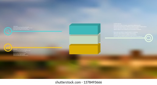 3D illustration infographic template. The embossed cube is horizontally divided to three color parts. Object is arranged on blurred photo. Lines with signs are on sides.