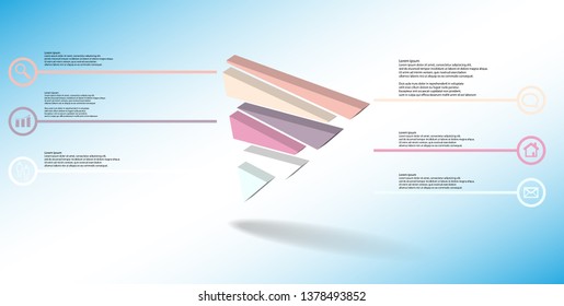 3D illustration infographic template. The embossed triangle is randomly divided to six color shifted parts. Object is askew arranged on blue white background. Lines with signs are on sides.