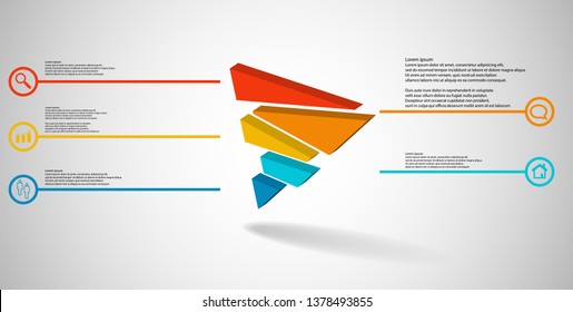 3D illustration infographic template. The embossed triangle is randomly divided to five color shifted parts. Object is askew arranged on grey white background. Lines with signs are on sides.