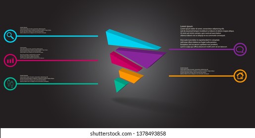 3D illustration infographic template. The embossed triangle is randomly divided to five color shifted parts. Object is askew arranged on grey black background. Lines with signs are on sides.