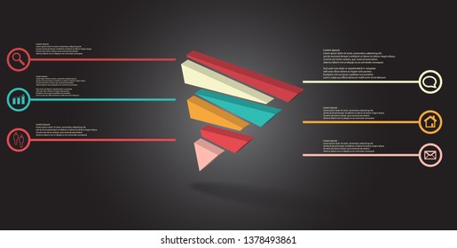 3D illustration infographic template. The embossed triangle is randomly divided to six color shifted parts. Object is askew arranged on grey black background. Lines with signs are on sides.
