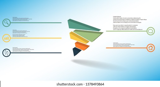 3D illustration infographic template. The embossed triangle is randomly divided to five color shifted parts. Object is askew arranged on blue white background. Lines with signs are on sides.