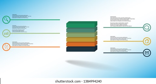 3D illustration infographic template. The embossed cube is horizontally divided to six color parts. Object is arranged on blue white background. Lines with signs are on sides.