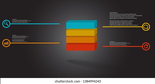 3D illustration infographic template. The embossed cube is horizontally divided to four color parts. Object is arranged on grey black background. Lines with signs are on sides.