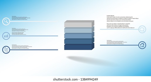 3D illustration infographic template. The embossed cube is horizontally divided to five color parts. Object is arranged on blue white background. Lines with signs are on sides.