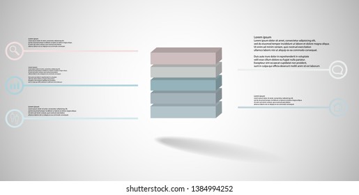 3D illustration infographic template. The embossed cube is horizontally divided to five color parts. Object is arranged on grey white background. Lines with signs are on sides.