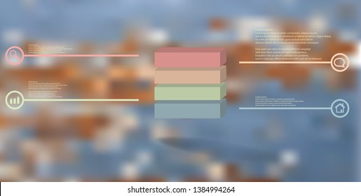3D illustration infographic template. The embossed cube is horizontally divided to four color parts. Object is arranged on blurred photo background. Lines with signs are on sides.