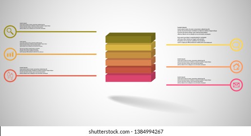 3D illustration infographic template. The embossed cube is horizontally divided to six color parts. Object is arranged on grey white background. Lines with signs are on sides.