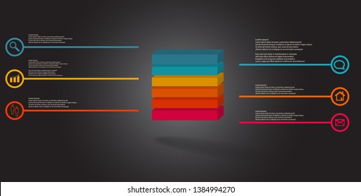 3D illustration infographic template. The embossed cube is horizontally divided to six color parts. Object is arranged on grey black background. Lines with signs are on sides.