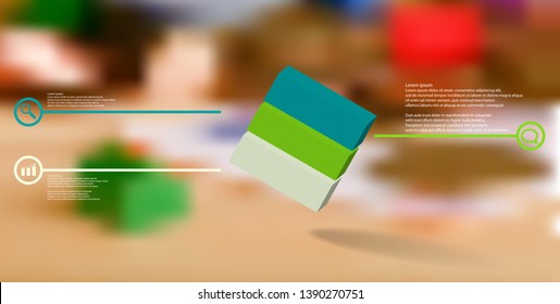 3D illustration infographic template. The embossed cube is horizontally divided to three color parts. Object is askew arranged on blurred photo. Lines with signs are on sides.