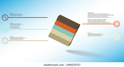 3D illustration infographic template. The embossed cube is horizontally divided to five color parts. Object is askew arranged on blue white background. Lines with signs are on sides.