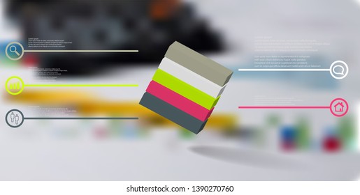 3D illustration infographic template. The embossed cube is horizontally divided to five color parts. Object is askew arranged on blurred photo. Lines with signs are on sides.