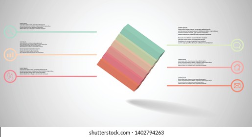3D illustration infographic template. The embossed cube is horizontally divided to six color parts. Object is askew arranged on grey white background. Lines with signs are on sides.