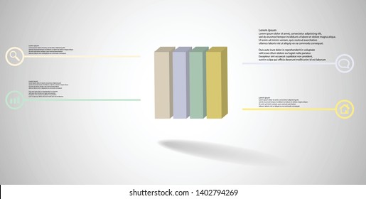 3D illustration infographic template. The embossed cube is vertically divided to four color parts. Object is arranged on grey white background. Lines with signs are on sides.