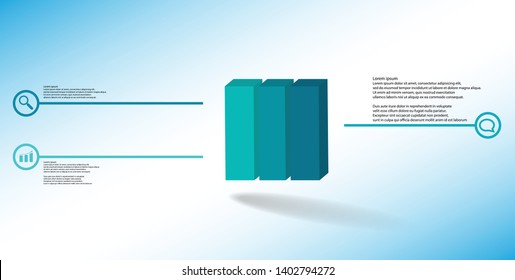 3D illustration infographic template. The embossed cube is vertically divided to three color parts. Object is arranged on blue white background. Lines with signs are on sides.
