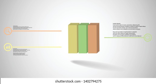 3D illustration infographic template. The embossed cube is vertically divided to three color parts. Object is arranged on grey white background. Lines with signs are on sides.