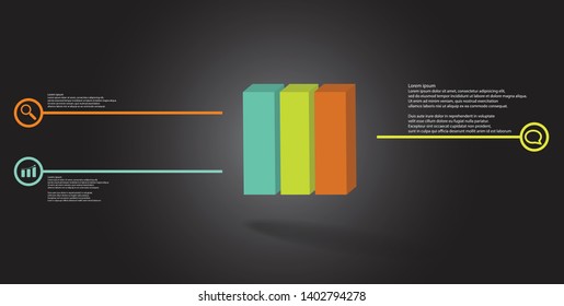 3D illustration infographic template. The embossed cube is vertically divided to three color parts. Object is arranged on grey black background. Lines with signs are on sides.