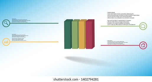 3D illustration infographic template. The embossed cube is vertically divided to four color parts. Object is arranged on blue white background. Lines with signs are on sides.