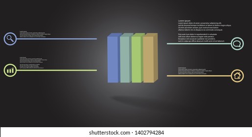 3D illustration infographic template. The embossed cube is vertically divided to four color parts. Object is arranged on grey black background. Lines with signs are on sides.