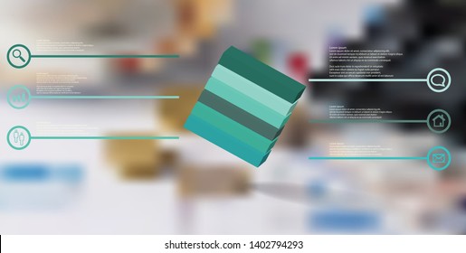 3D illustration infographic template. The embossed cube is horizontally divided to six color parts. Object is askew arranged on blurred photo. Lines with signs are on sides.