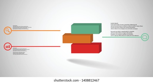 3D illustration infographic template. The embossed cube is horizontally divided to three shifted color parts. Object is arranged on grey white background. Lines with signs are on sides.