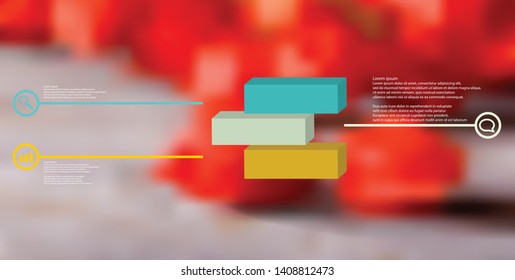 3D illustration infographic template. The embossed cube is horizontally divided to three shifted color parts. Object is arranged on blurred photo. Lines with signs are on sides.