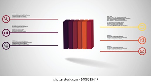 3D illustration infographic template. The embossed cube is vertically divided to six color parts. Object is arranged on grey white background. Lines with signs are on sides.