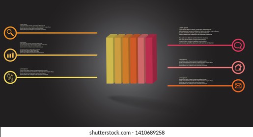 3D illustration infographic template. The embossed cube is vertically divided to six color parts. Object is arranged on grey black background. Lines with signs are on sides.