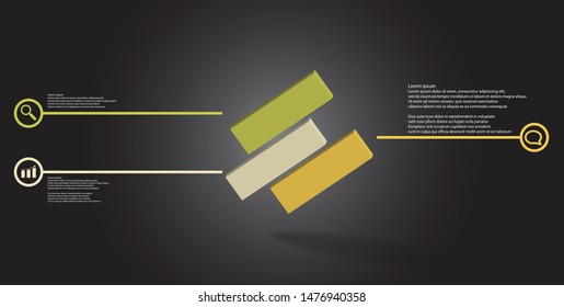 3D illustration infographic template. The embossed cube is horizontally divided to three shifted parts. Object is askew arranged on grey black background. Lines with signs are on sides.