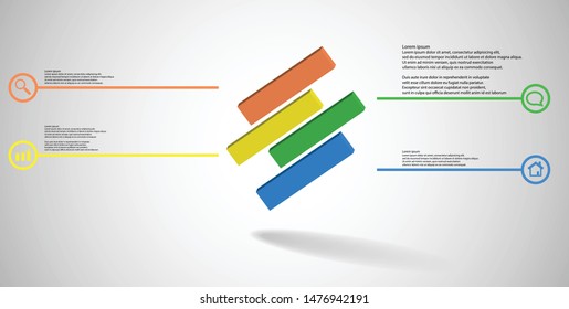 3D illustration infographic template. The embossed cube is horizontally divided to four shifted parts. Object is askew arranged on grey white background. Lines with signs are on sides.